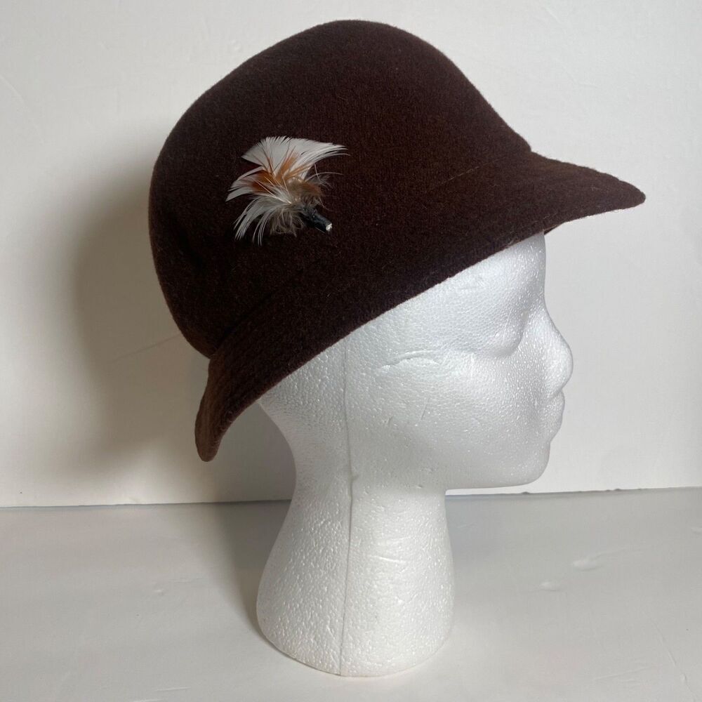 Vintage Kangol Design Brown Felt Cloche Hat Feather Accent Made in England